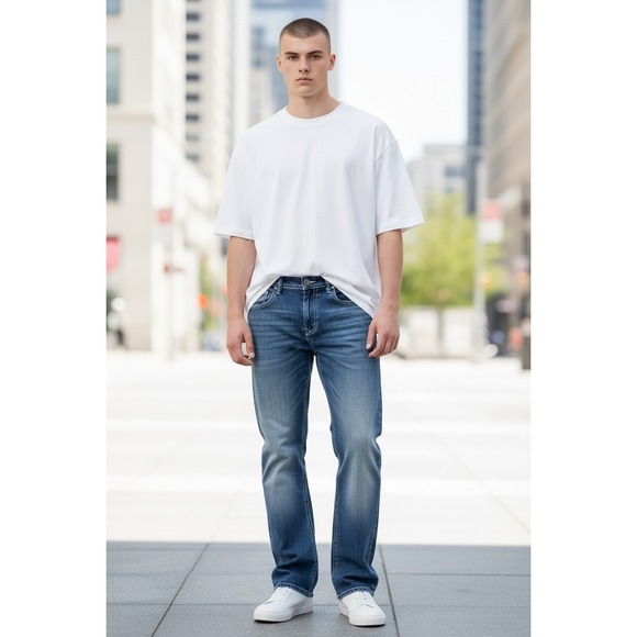 NWT TK Axel Slim Boot Jeans Mens 36x30 Blue Medium Wash Contrast Stitch Pockets - Picture 10 of 16